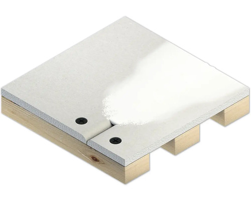 Detailansicht von miteinander verbundenen Gipskartonplatten auf einer Holzunterkonstruktion mit Schrauben.