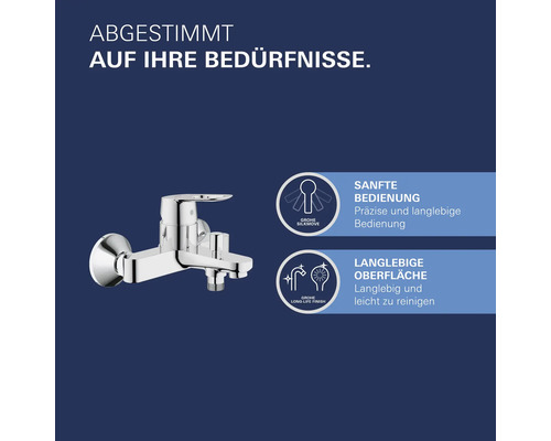 Produktabbildung einer Armatur mit Hinweisen auf die Grohe SilkMove Technologie und die langlebige Oberfläche.