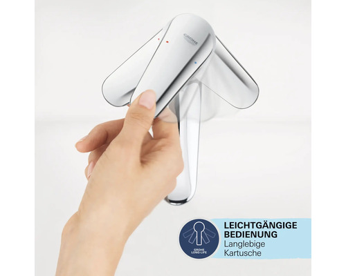 Eine Hand bedient eine Armatur der Marke Grohe.