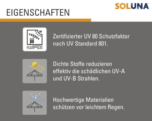 Soluna Produkteigenschaften: UV Standard 801 Schutzfaktor, UV-A und UV-B Schutz, Schutz vor leichtem Regen
