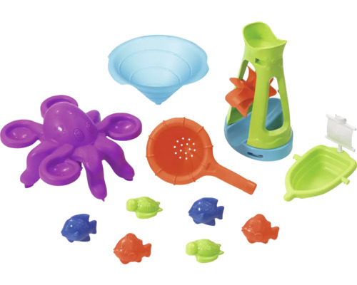 Set de jouets aquatiques avec moulin à eau, seau, pelle, râteau, bateau, poulpe, poissons et tortues