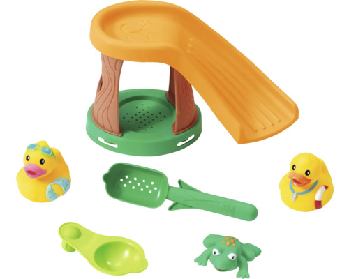 Badespielzeug-Set mit Rutsche, Schaufel, Löffel, zwei Gummi-Enten und Frosch