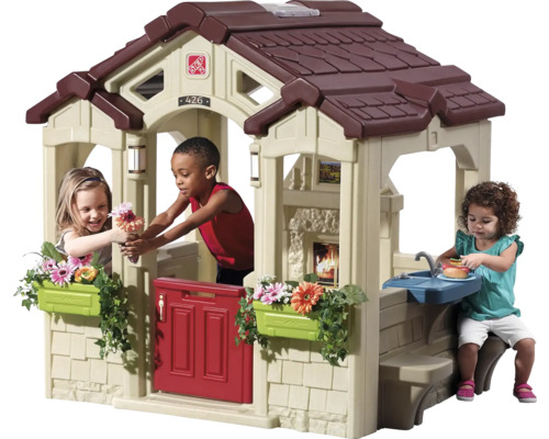 Maisonnette en plastique avec porte, fenêtres et enfants