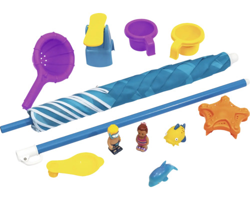 Ensemble de jouets pour bac à sable avec parasol, moules et figurines