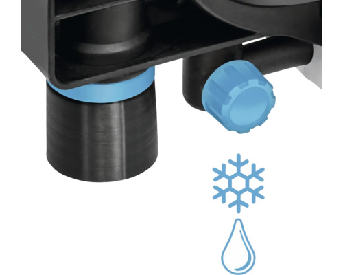 Vue détaillée d''un robinet avec un symbole d''eau froide