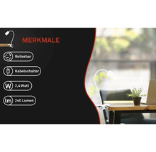 Klemmleuchte mit den Merkmalen: drehbar, Kabelschalter, 2,4 Watt, 240 Lumen