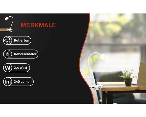 Klemmleuchte mit den Merkmalen: drehbar, Kabelschalter, 2,4 Watt, 240 Lumen