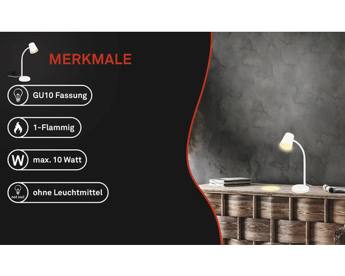 Produktmerkmale einer weißen Schreibtischlampe: GU10 Fassung, 1-flammig, maximal 10 Watt, ohne Leuchtmittel