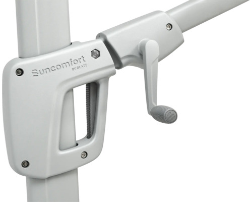 Detailaufnahme eines Sonnenschirms mit Kurbelmechanismus zum Öffnen und Schließen