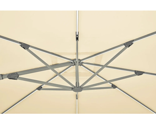 Ansicht von unten auf einen Sonnenschirm mit Metallgestell und Stoffbespannung