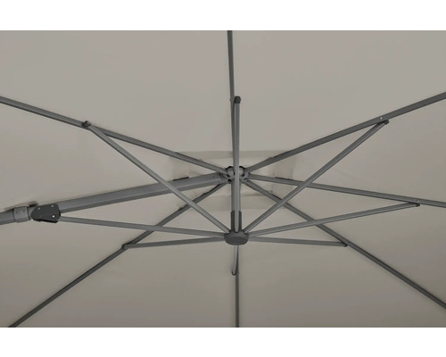 Detailansicht von unten eines geöffneten Sonnenschirms mit Metallgestell und Stoffbespannung