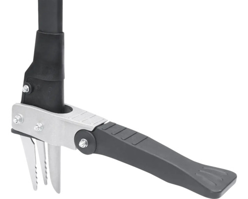 Gros plan sur un désherbeur avec tige en métal et poignée en plastique