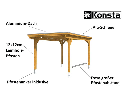 Carport Konsta avec toit en aluminium, poteaux en bois lamellé-collé et ancrages de poteaux