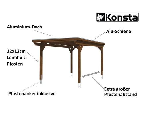 Carport Konsta avec toit en aluminium, poteaux en bois lamellé-collé de 12x12 cm et ancrages de poteaux inclus