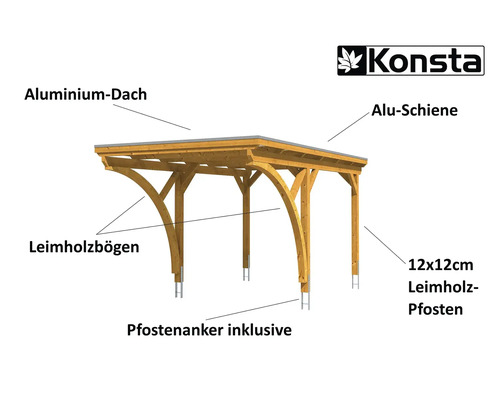 Konsta Logo, Carport aus Holz mit Aluminiumdach, Leimholzbögen, Aluminiumschienen und 12x12 Zentimeter Leimholzpfosten inklusive Pfostenanker
