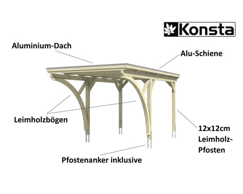 Konsta Logo. Holzunterstand mit Aluminiumdach, Leimholzbögen und 12x12 Zentimeter Leimholzpfosten inklusive Pfostenanker