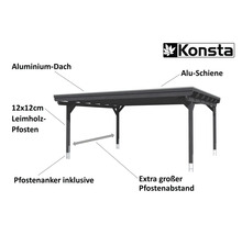 Illustration eines Pavillons mit Aluminiumdach, Aluminiumschienen, 12x12 cm Leimholzpfosten und inklusive Pfostenanker. Konsta Logo