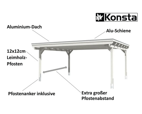 Konsta Carport mit Aluminiumdach, Aluminiumschienen, 12x12cm Leimholzpfosten und Pfostenanker inklusive