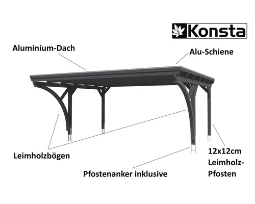 Abbildung eines Carports mit Aluminiumdach, Aluminiumschienen, Leimholzbögen und 12x12 cm Leimholzpfosten. Pfostenanker inklusive. Konsta Logo