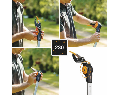 Vues multiples d''une cisaille à branches Fiskars PowerGear X avec tête rotative à 230 degrés.