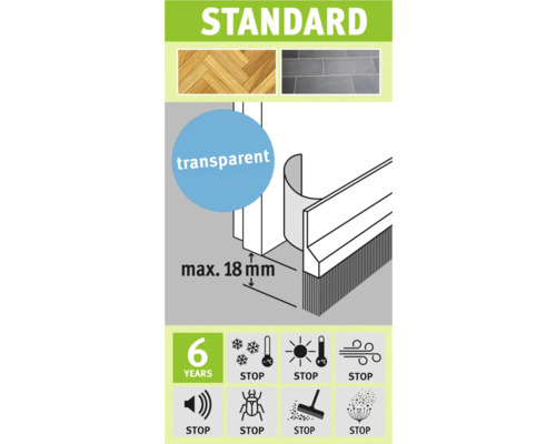Illustration d''un joint de porte transparent d''une hauteur maximale de 18 millimètres et d''une garantie de six ans. Les symboles indiquent une protection contre le froid, la chaleur, le vent, le bruit, les insectes, la saleté et le pollen.