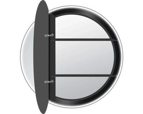 Armoire de toilette ronde avec porte ouverte et deux étagères