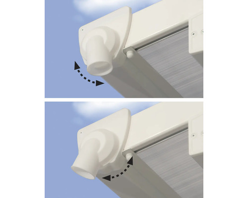 Detailansicht einer drehbaren Regenrinne an einer Terrassenüberdachung mit Pfeil, der die Drehbewegung darstellt