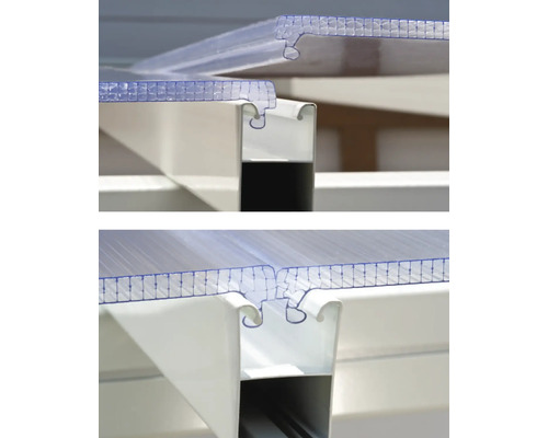 Verbindung von transparenten Doppelstegplatten mit weißem Rahmen