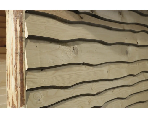 Holzfassade mit Nut- und Federprofil und Baumstamm