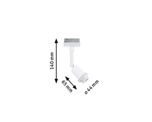 Abbildung der Maße einer Schienenleuchte mit einer Höhe von 140 mm, einer Länge von 65 mm und einem Durchmesser von 44 mm.