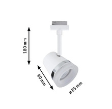 Weiße Schienenleuchte mit Maßangaben 180 mm, 90 mm und Durchmesser 85 mm