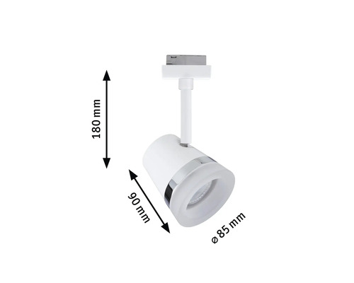 Weiße Schienenleuchte mit Maßangaben 180 mm, 90 mm und Durchmesser 85 mm