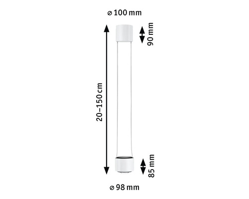 Dessin technique d''un luminaire suspendu avec des dimensions de 20 à 150 centimètres de long, 100 millimètres de diamètre en haut et 98 millimètres de diamètre en bas.