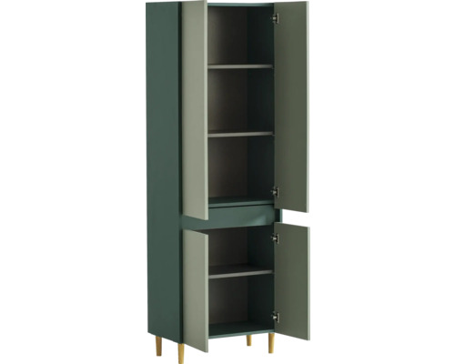 Armoire ouverte avec étagères et portes en bois