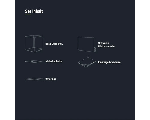 Set Inhalt: Nano Cube 60 Liter, Abdeckscheibe, Unterlage, schwarze Rückwandfolie, Einsteigerbroschüre