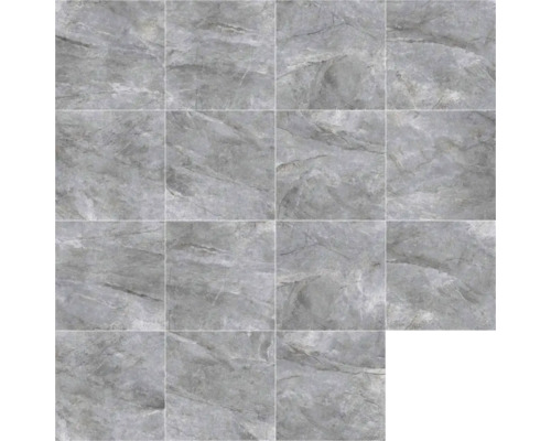 Carreaux de sol gris aspect marbre.