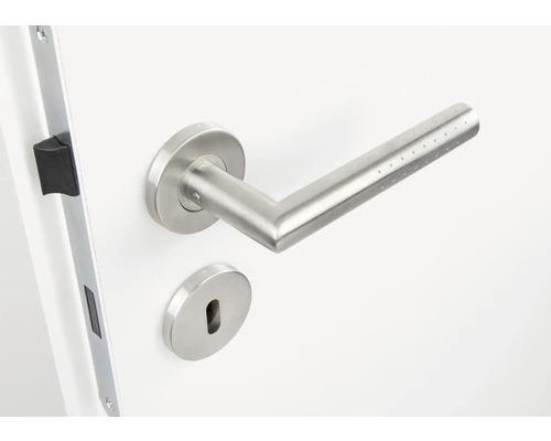 Poignée de porte en acier inoxydable avec rosace de serrure sur une porte