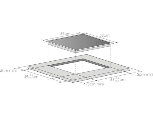 Schéma technique d''une table de cuisson avec des indications de dimensions pour l''installation