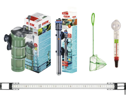Aquarium Zubehör Set mit Innenfilter, Regelheizer, Kescher, Thermometer und LED Leuchtbalken