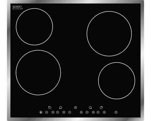 Plaque de cuisson vitrocéramique noire avec quatre zones de cuisson.