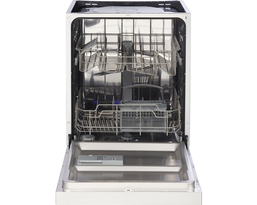 Lave-vaisselle ouvert avec intérieur en acier inoxydable et paniers à vaisselle