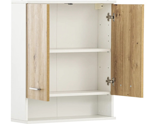 Élément haut blanc ouvert avec deux étagères et portes en bois