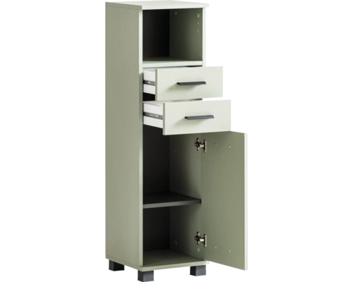 Badezimmerschrank mit zwei Schubladen, offenem Fach und Tür