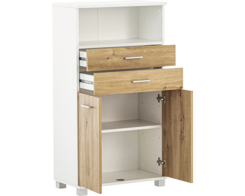 Armoire haute avec deux tiroirs et deux portes ouvertes