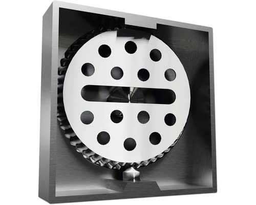 Innenansicht einer mechanischen Baugruppe mit einem perforierten runden Bauteil