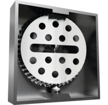 Aufschnittgerät mit runder Klinge mit Löchern und Schlitz in einem Metallgehäuse.