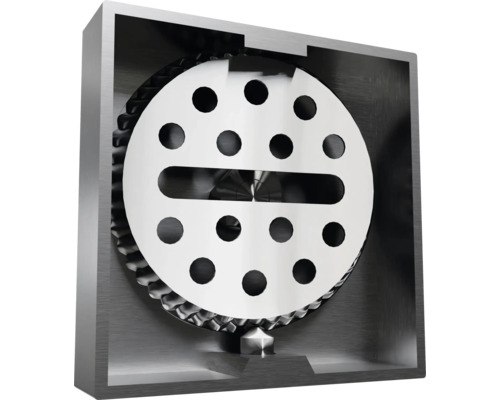 Aufschnittgerät mit runder Klinge mit Löchern und Schlitz in einem Metallgehäuse.