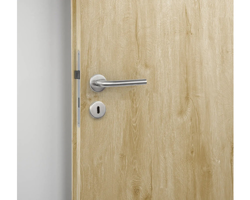 Holztür mit Edelstahl Türklinke und Schlüsselloch