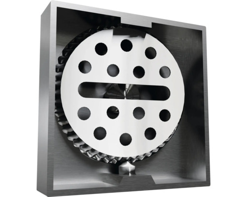 Aufschnitt einer Abflussrückstauklappe mit runder Klappe und Löchern