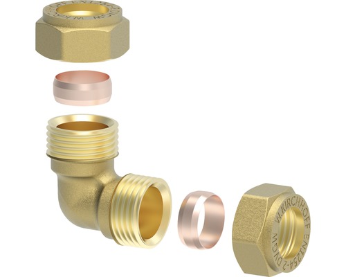 Winkelverschraubung aus Messing mit Quetschverschraubung und Gewinde